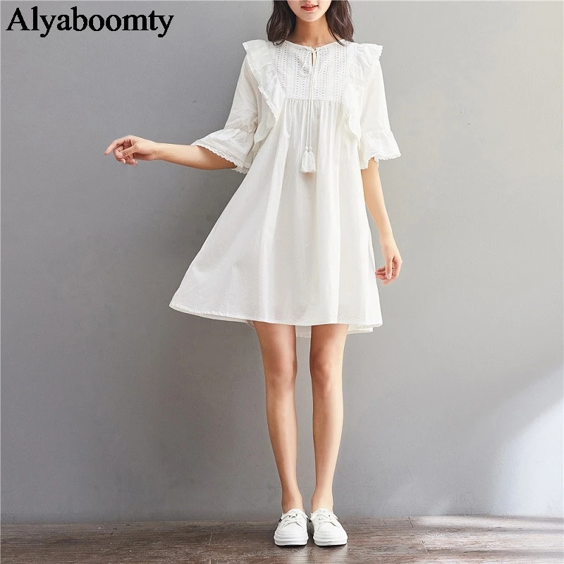 

Preppy Style Summer Women Cute Dress Casual Loose Hollow Out White Princess Dress Flare Sleeve Cotton Tassel Sweet Girl's Dress