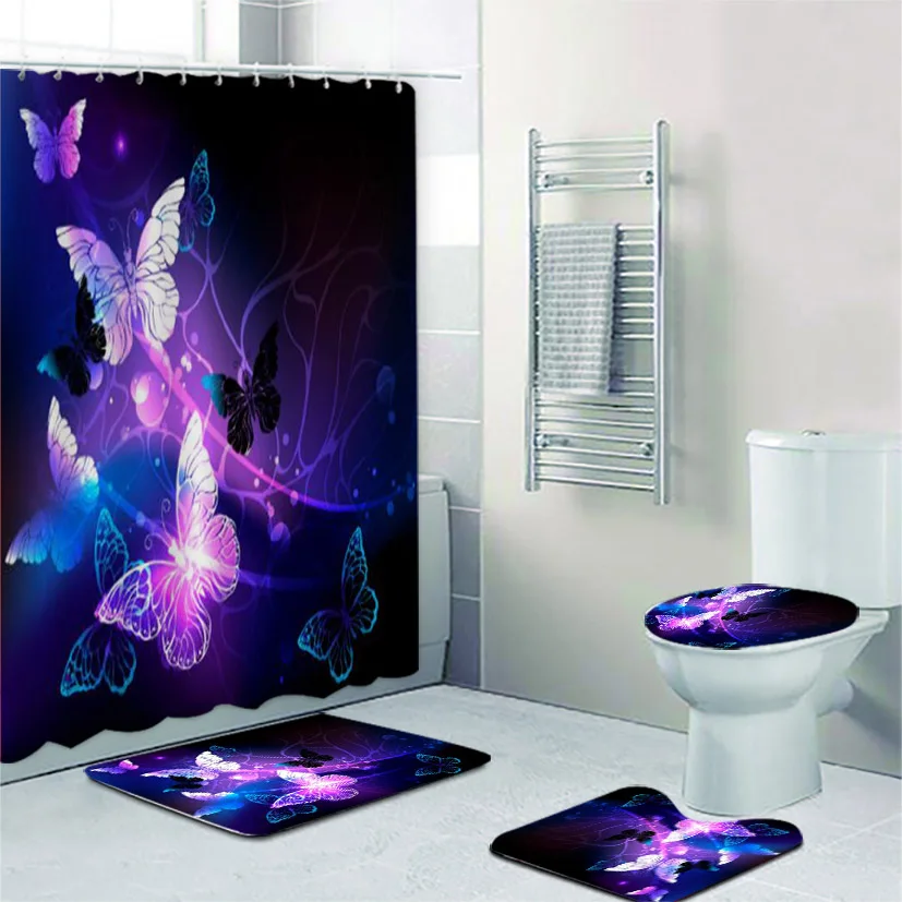 

3D Black Purple Night Glowing Butterflies Shower Curtain Set Classic Abstract Fairy Butterfly Bathroom Curtains Bath Rugs Decor