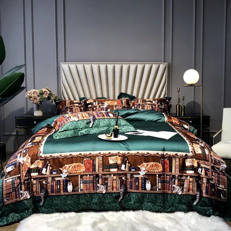 vender Luxo Verde Impressão Digital 100S Real Gato De Algodão Egípcio Conjuntos De Cama Rainha Rei Capa De Edredão Conjunto De Folhas De Cama Fronhas 4pcs