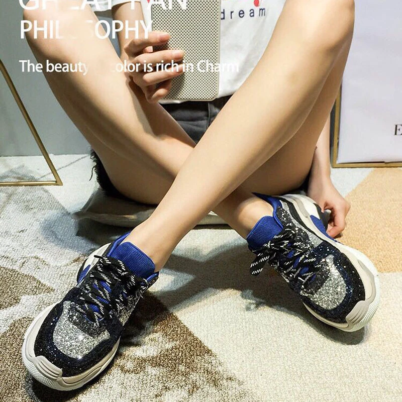 

Sequins Platform Sneakers Women's Sports Shoes Spring Autumn Casual Vulcanized Shoes Woman Breathable Thick Bottom Leisure Shoes