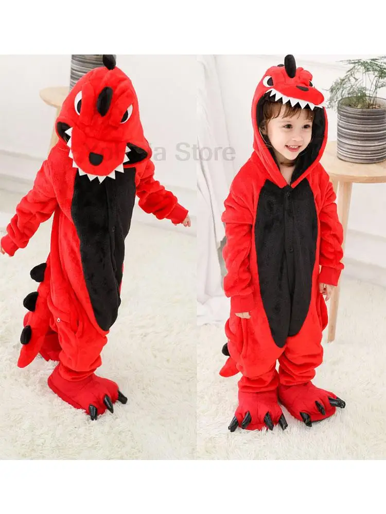 

Милые комбинезоны-кигуруми в виде динозавра для детей, пижамы, зимняя фланелевая теплая одежда для сна для мальчиков и девочек, комбинезоны ...