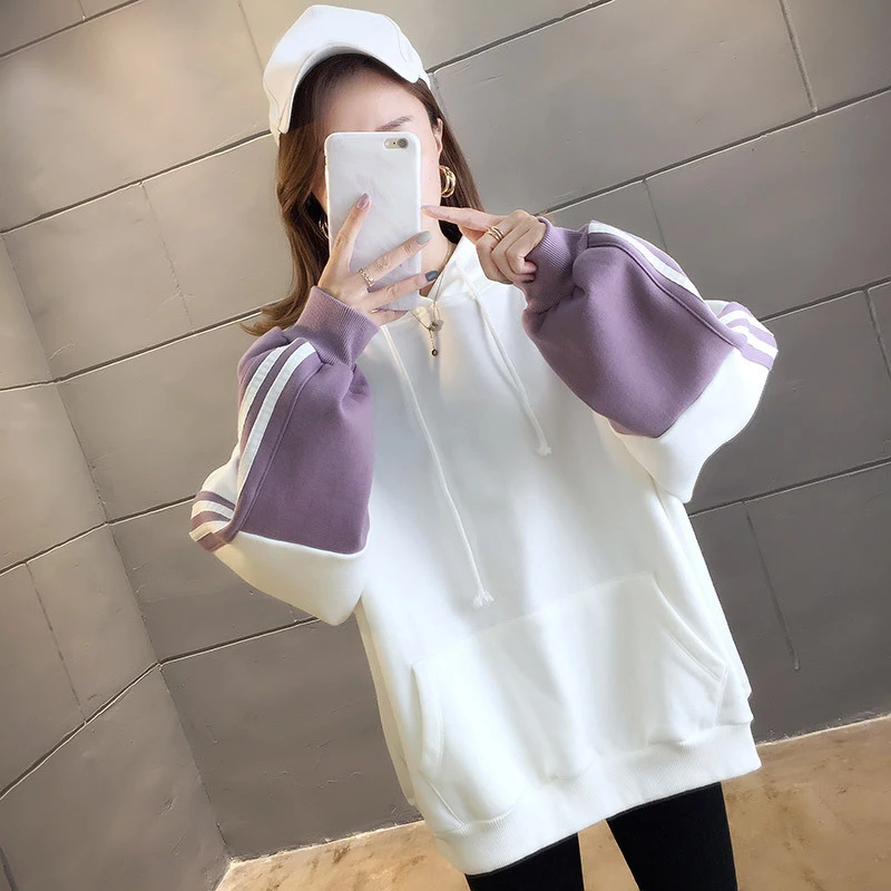 

Autumn Women Pullover Sweatshirt Fashion Patchwork Long Sleeve Plus Velvet White Hoodies Female Korean Loose Purple Sweatshirts