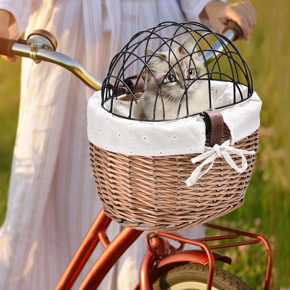 

Handlebar Puppy Holder Cycling Cat Seat Dogs Carrier Bike Storage Baskets Hand-Woven Wicker Pet Basket Container With Iron Frame