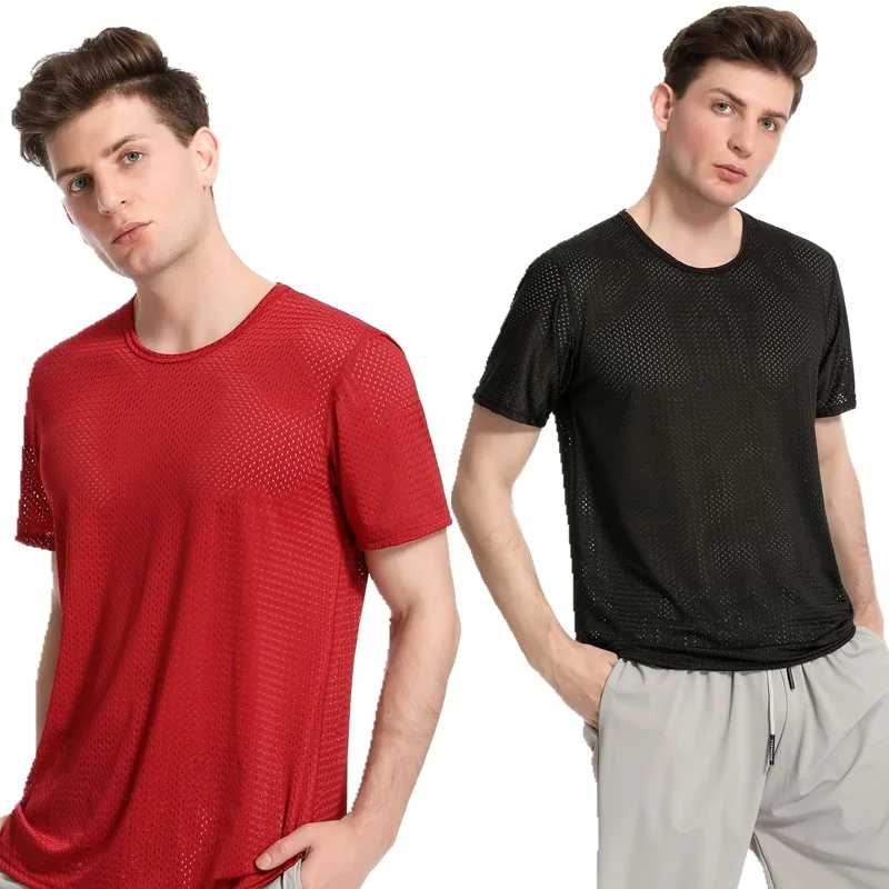 

Men's Solid Mesh Breathable Fishnet T Shirt Stretchable Tshirt Ice Silk Sport 2021 Sexy Short Sleeve 4XL O Neck 5 Colors