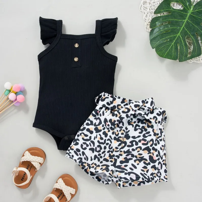 

Baby Girls A Plain Summer Leopard Print Shorts Suit With Flying Sleeves baby clothing accessories baby suits cute suits 3-24M