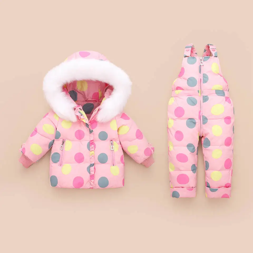 Розовый Children Winter Clothes Set Duck Down Jacket Baby Ski Wear Girls Infant Kids Parka Snowsuit Warm Toddler Winter Coat+ Jumpsuit - Цвет: Розовый