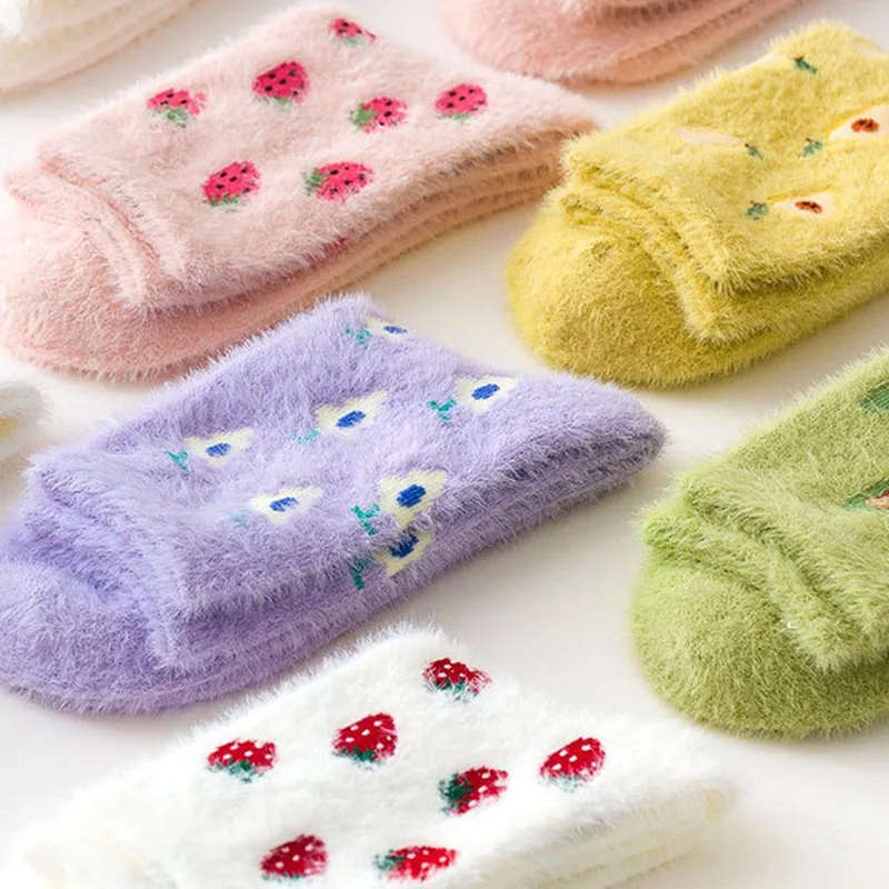 Women's winter warm socks kawaii plush cherry avocado strawberry ladies sleep socks Korean style fashion Harajuku socks