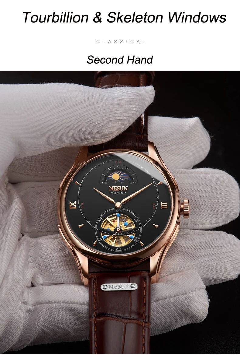 Автоматические механические часы, швейцарские NESUN Tourbillon, мужские часы, люксовый бренд, часы со скелетом, сапфир, Montre Homme N9038
