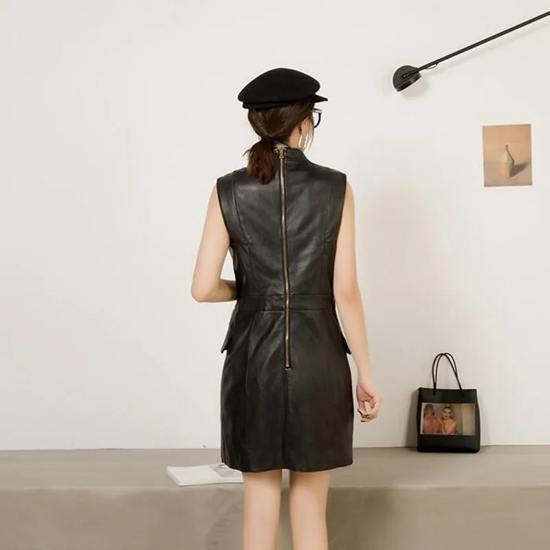 Горячее предложение сексуальное женское двубортное платье из натуральной кожи с