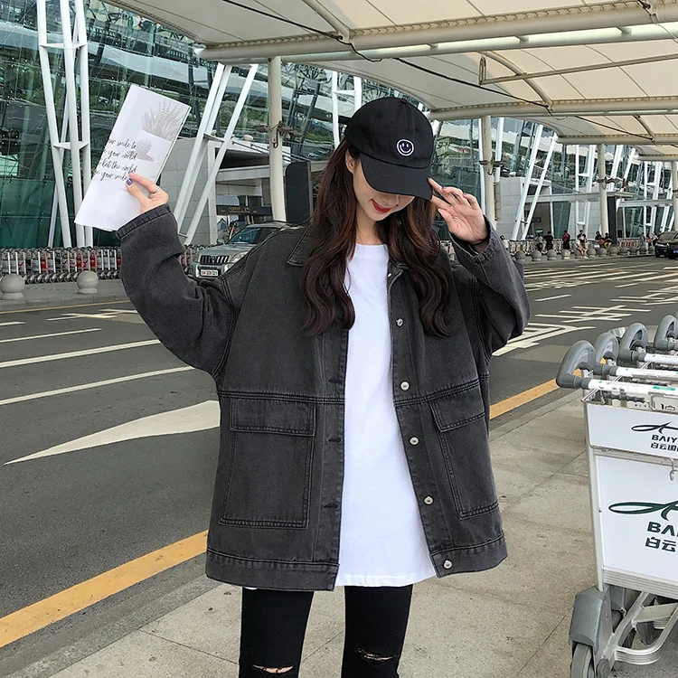 

2 colors Women's casual Jean Coats 2021 autumn Women loose Denim Jacket Long Sleeve Loose Female Girls Outwear Oversize (78228)