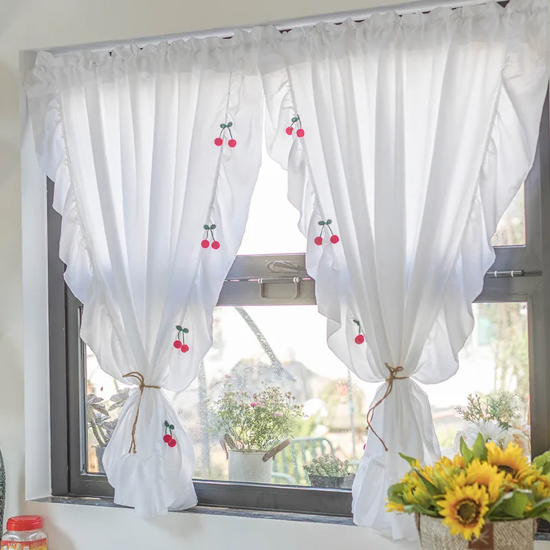 White Sheer Curtain Ruffle For Living Room Kitchen Cabinet Window Drapes Cute Cherry Kids Bedroom Tulle Rod Pocket | Дом и сад