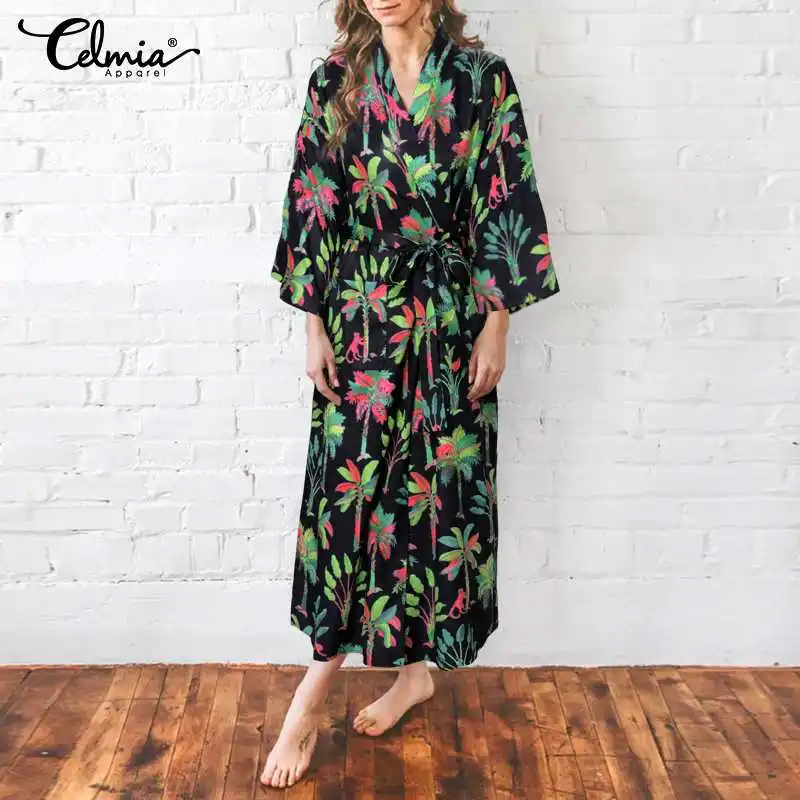 

Celmia Summer Sleepwear 2021 Fashion Women Long Robes Casual 3/4 Sleeve Plant Print Bohemian Nightgown Dress Belted Nightrobes