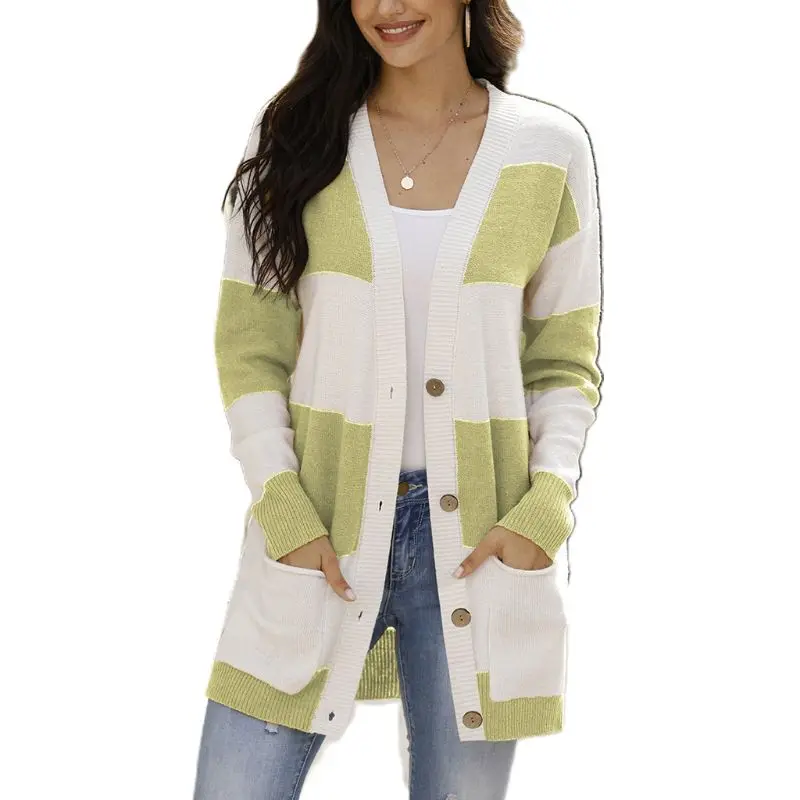 

Womens Autumn Long Sleeve Knitted Cardigan Color Block Wide Striped Open Front Sweater Single Breasted V-Neck Outwear Coat with