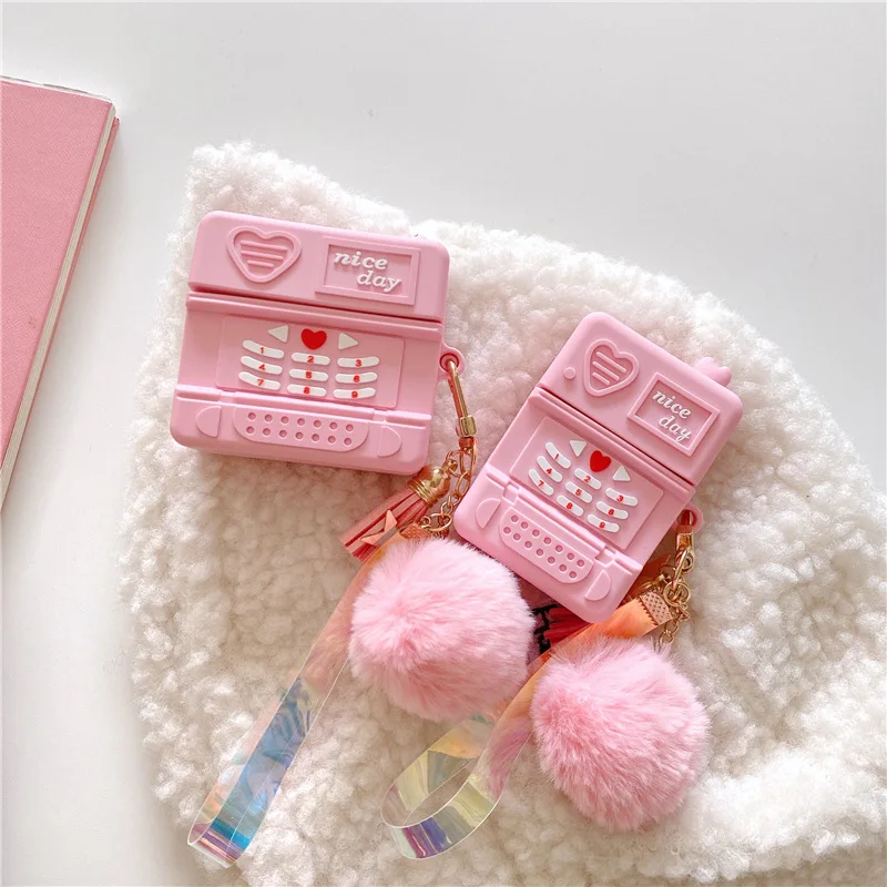 NEW 3D Cartoon Cute Pink Cellphone Shape Earphone Case with Furball for Airpods 3 Girls Style Cover for Airpods 1/2/3/pro