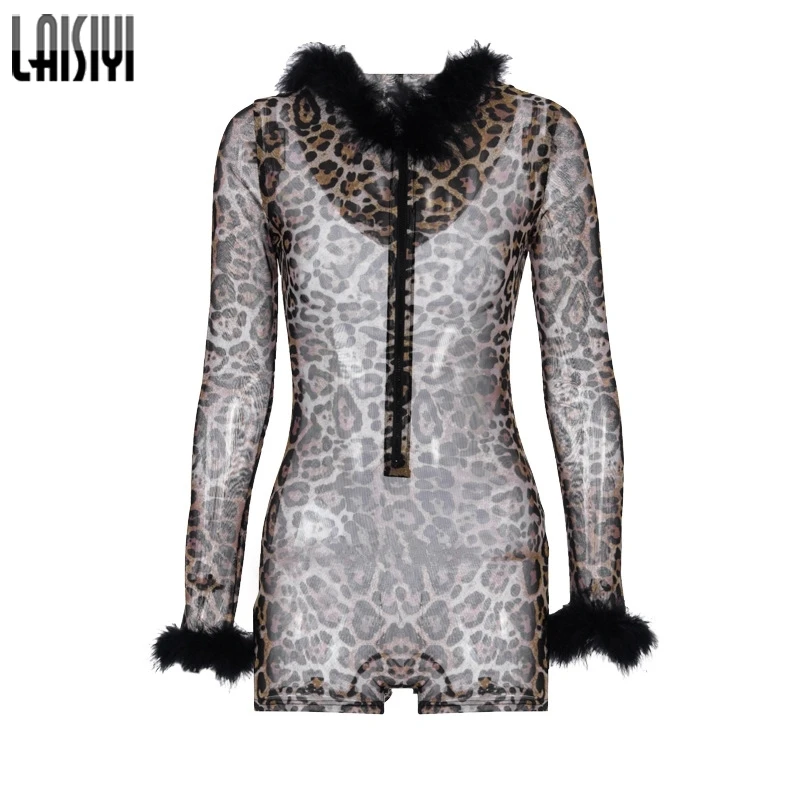 LAISIYI 2019 Леопардовый принт сетка прозрачный хит комбинезон мех пэтчворк с