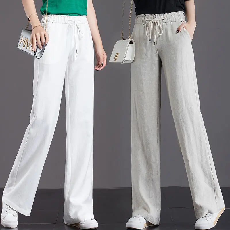 

Summer New 2021 Women High Waist Cotton Loose Pants Casual Wide Leg Elastic Waist Women Pants Broadcloth Drop Feeling