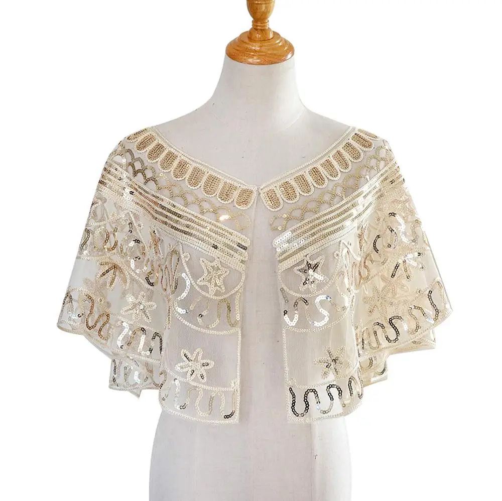 beige Женская Блестящая шаль 1920 s, накидка с блестками и бисером, вечерняя накидка, болеро, Хлопушка, черная накидка - Цвет: beige