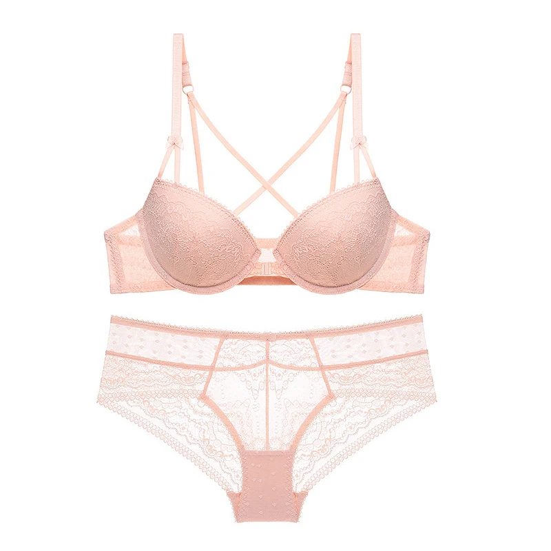 

French Sexy Front Button Bra Thin Upper and Lower Thick Bra Set Lace Small Chest Micro-gathered Beautiful Back Girl Underwear