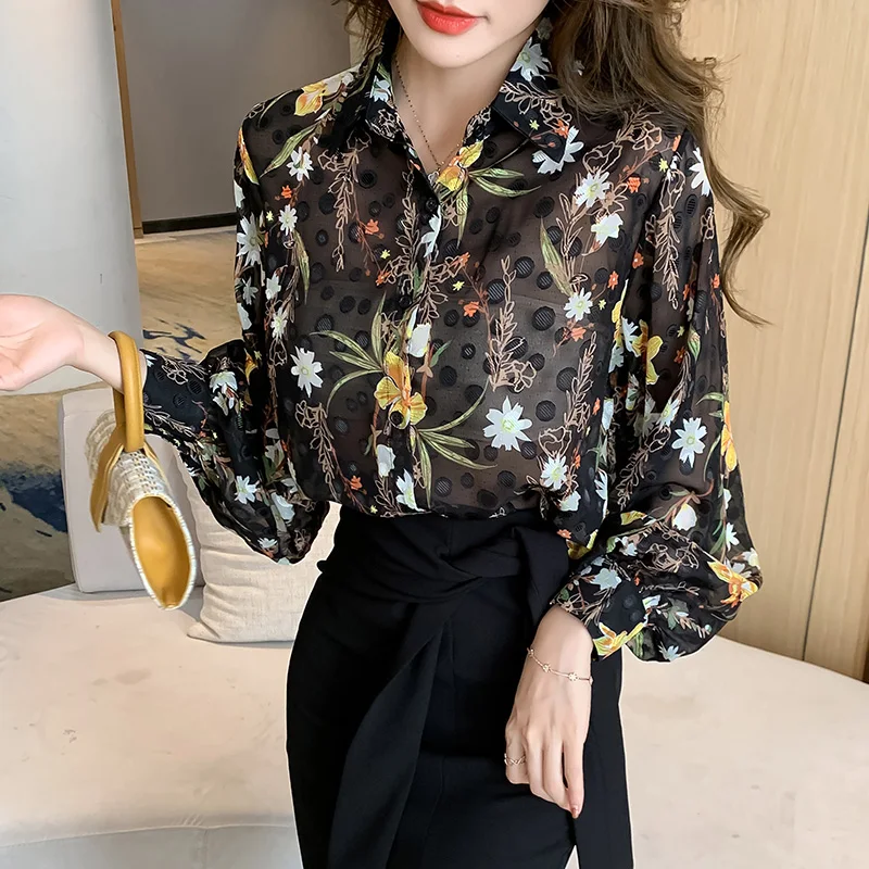 

Autumn New Print Chiffon Blouse Women Fashion Tops Office Lady Embroidered Shirt Woman Loose Lantern Sleeve Shirt Clothes 17910