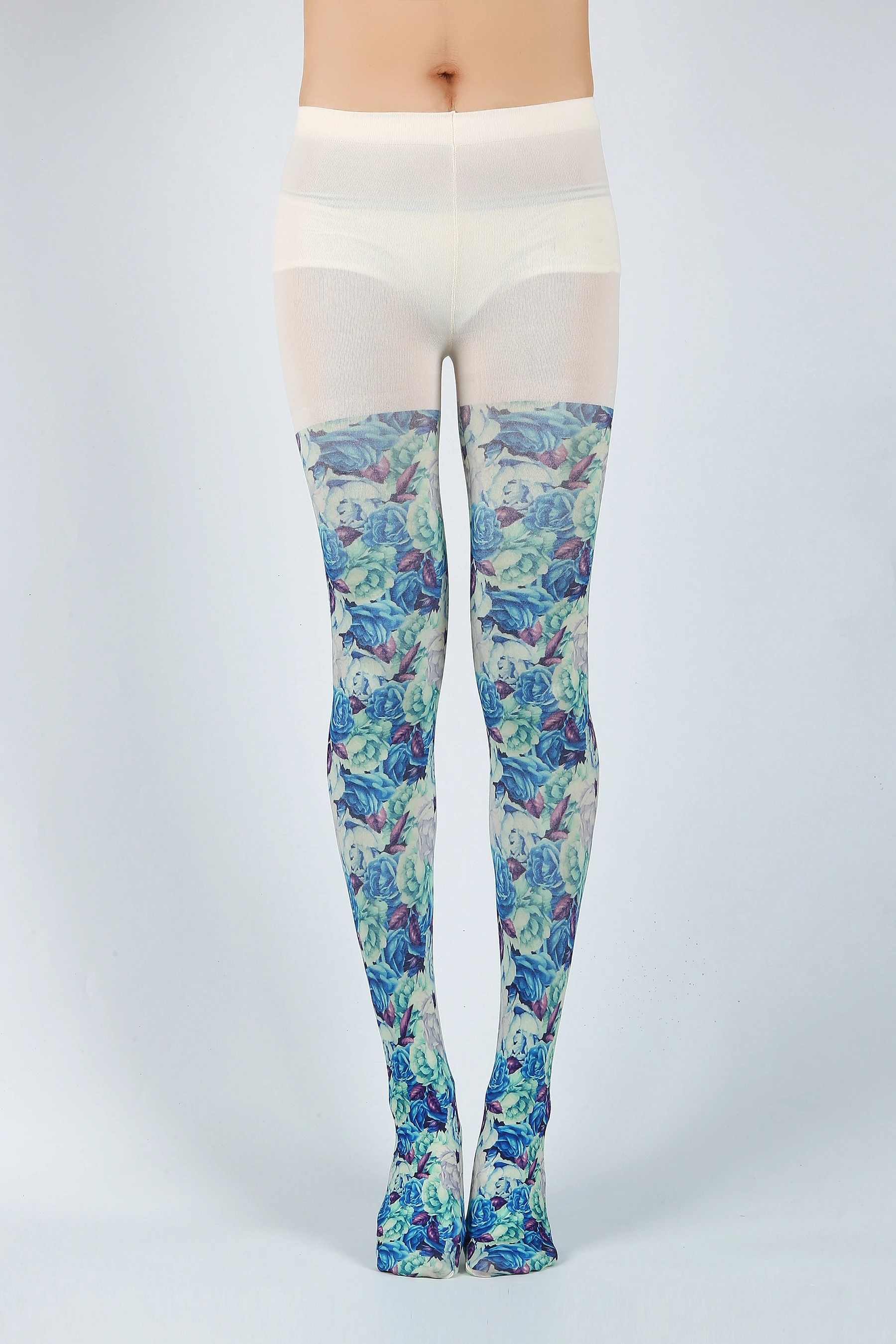 

Fashion Sexy Designs Spring Blue Flower Pattern Digital Print Romantic Tights Womens Pantyhose Ladies Thick Soft Stockings