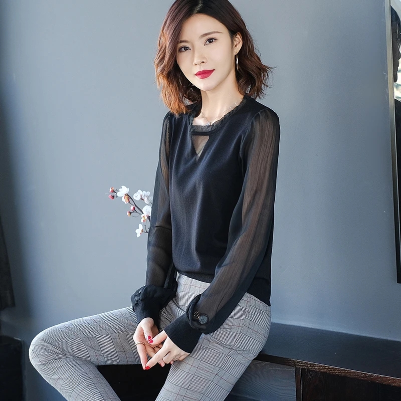 

Elegant Women Spring Summer Fashion Chiffon Long Sleeve Blouse Tops Fashion Lady See Through Knit Shirts