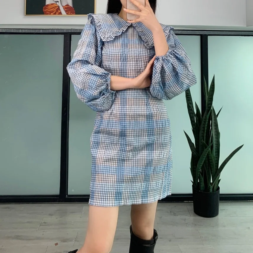 

Ruffles Trim Peter Pan Collar Women Mini Dress Ladies Puff Sleeve Sweet Plaid Ladies Short Dresses 2021 Early Spring