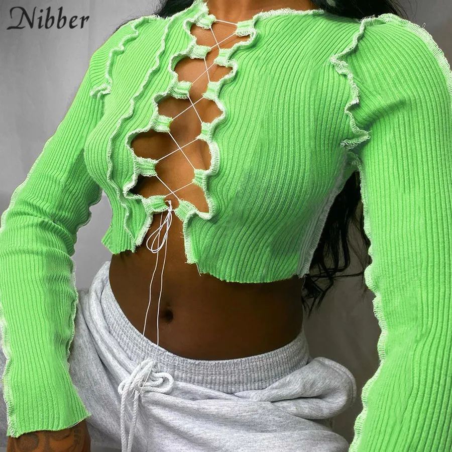 Nibber сексуальные ажурные бандажные Топы для женщин неоновый цвет ребристая