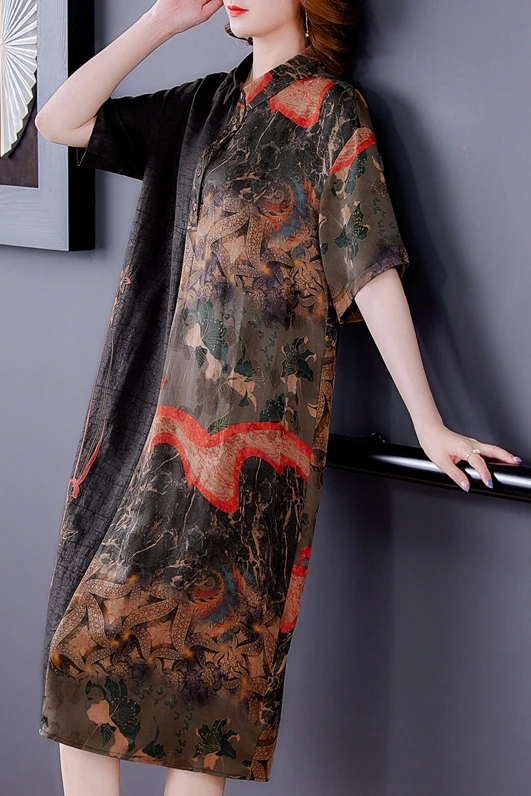 

COIGARSAM 4XL Plus Size Patchwork Women dress Loose Dresses Printing Color 5156