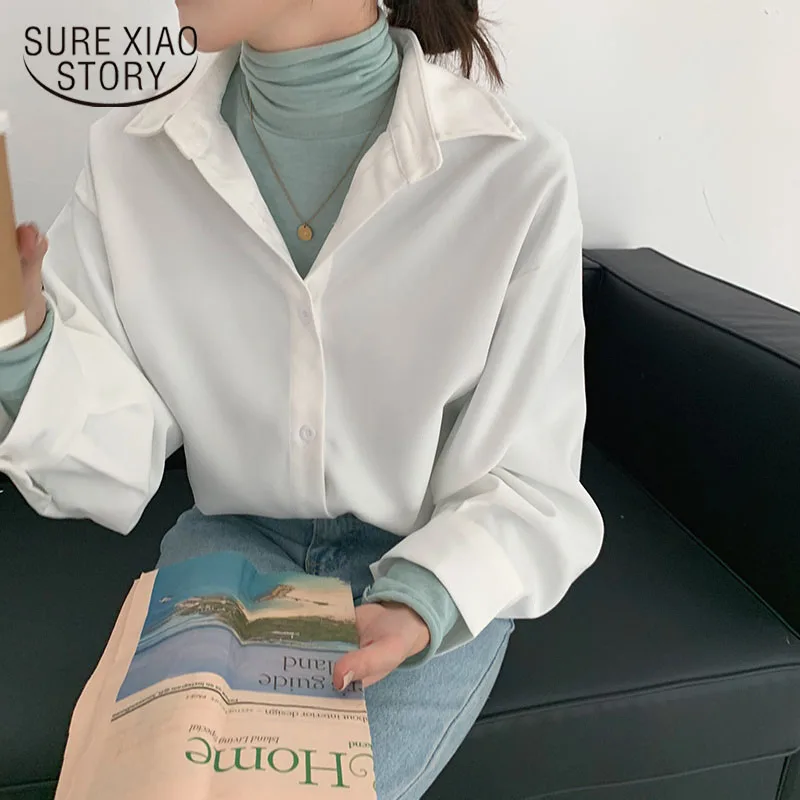 Корейский Стиль однотонная винтажная блузка для женщин 2021 весенние Рубашки с