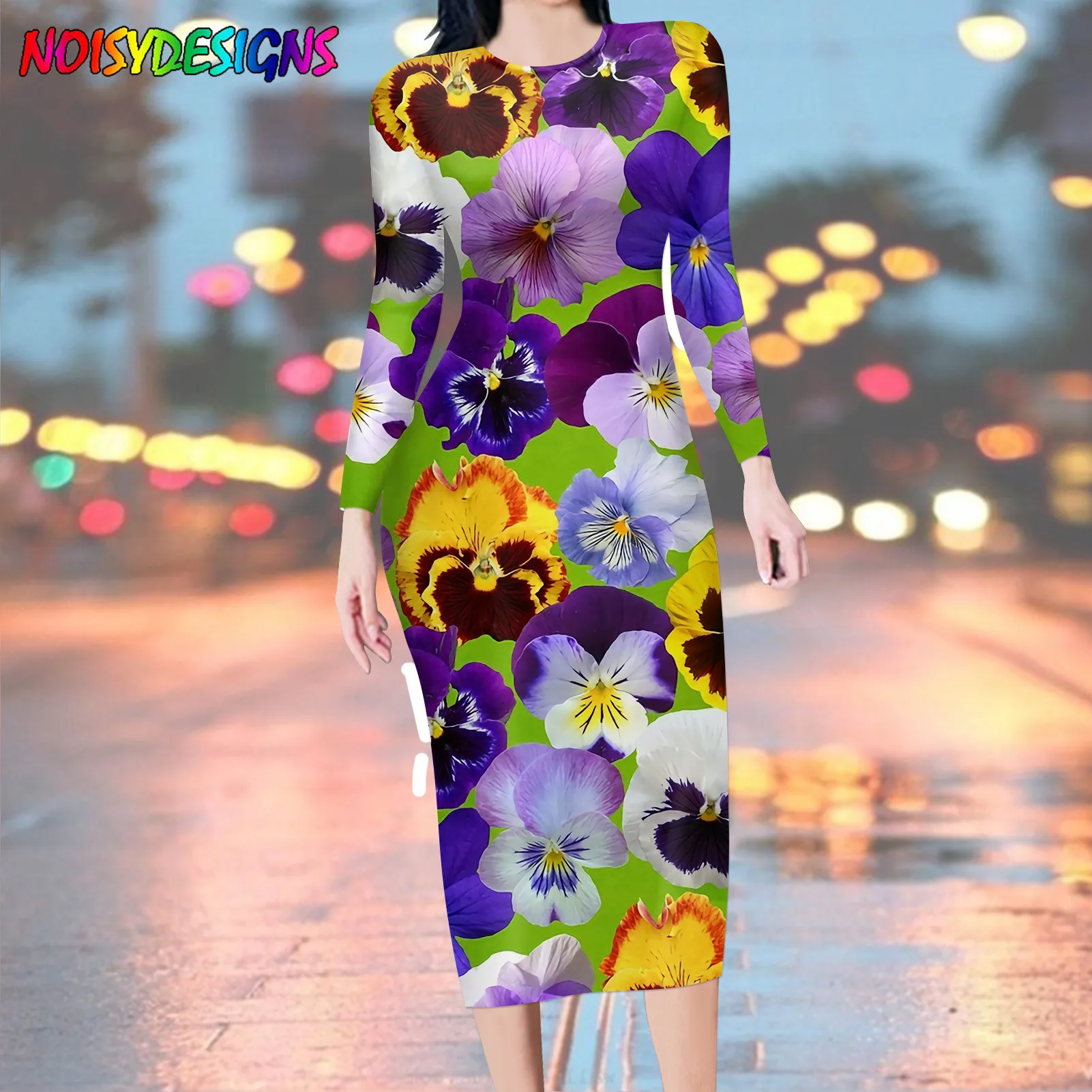 NOISYDESIGNS Pansy Flowers Printed Dress Women Fashion O-Neck Long Sleeve Autumn Spring Dresses Bodycon Casual Pencil Vestidos
