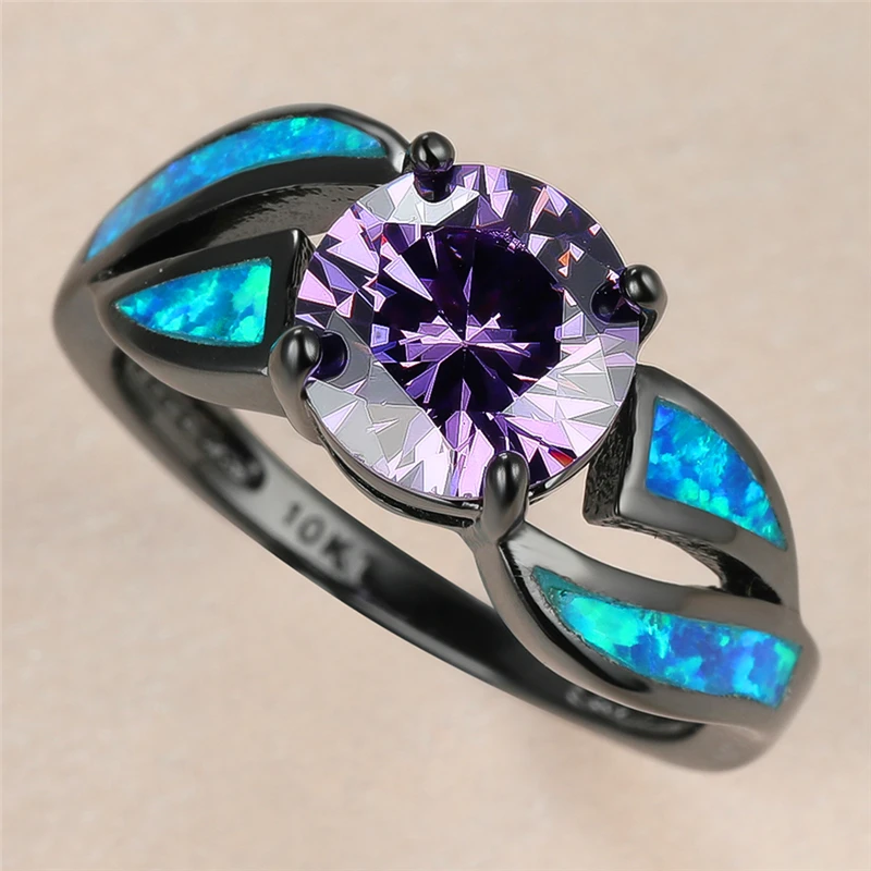 

Vintage Female Purple Round Crystal Ring Charm 14KT Black Gold Wedding Rings For Women Punk Blue Opal Stone Engagement Ring