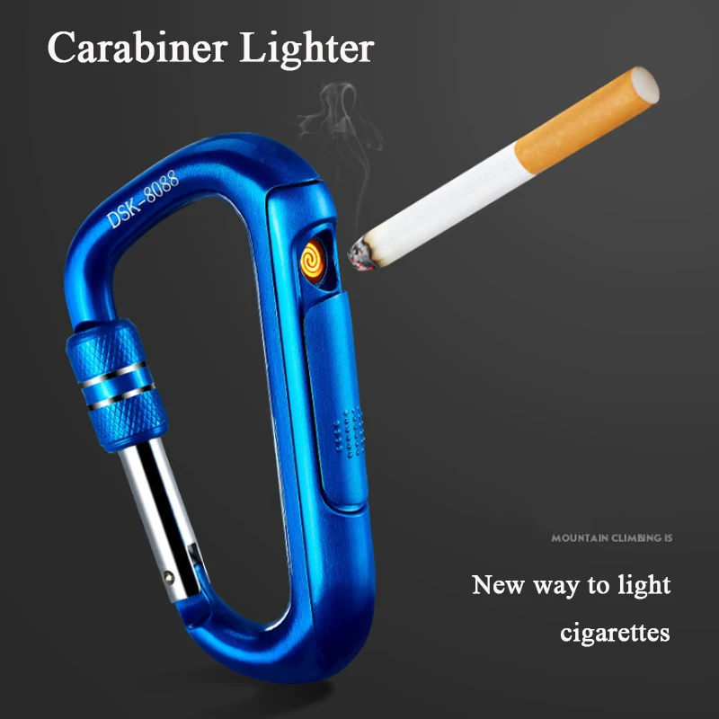 

2021 New USB rechargeable lighter metal keychain portable carabiner windproof lighter outdoor survival tool for men