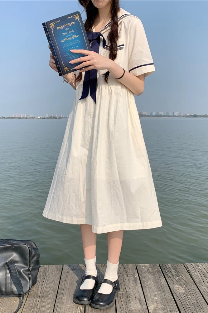 

Summer Preppy Style Short Sleeve Casual A-line Women Dress Loose Sailor Collar Loose White Dresses Ladies