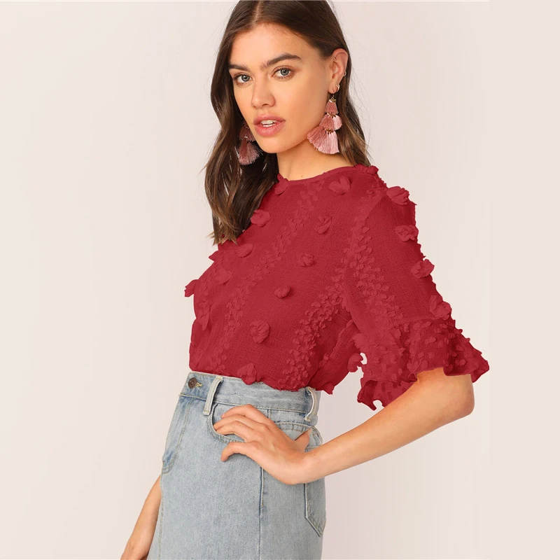 SHEIN элегантный розовый топ с 3D аппликацией и манжетами, блузка для женщин, короткий рукав, круглый вырез, Замочная скважина на спине, летние топы и блузки в стиле бохо
