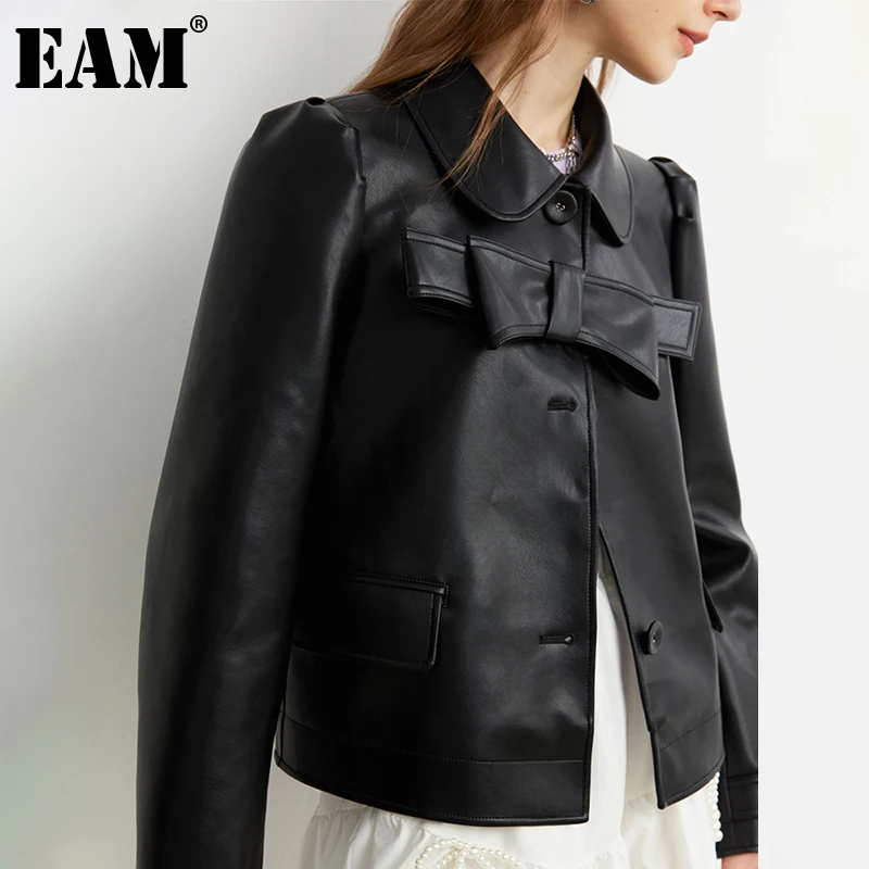 

[EAM] Loose Fit Black Pu Leather Bow Short Casual Jacket New Lapel Long Sleeve Women Coat Fashion Spring Autumn 2021 1DE1895