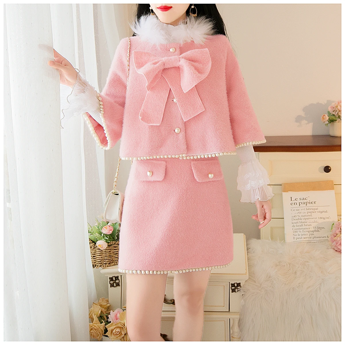 

DALMAZZO Fall Winter 2 Pieces Sets Women Fur Collar Bow Pearls Buttons Short Plush Jacket Coat + Mini Skirt Suits Clothes Female