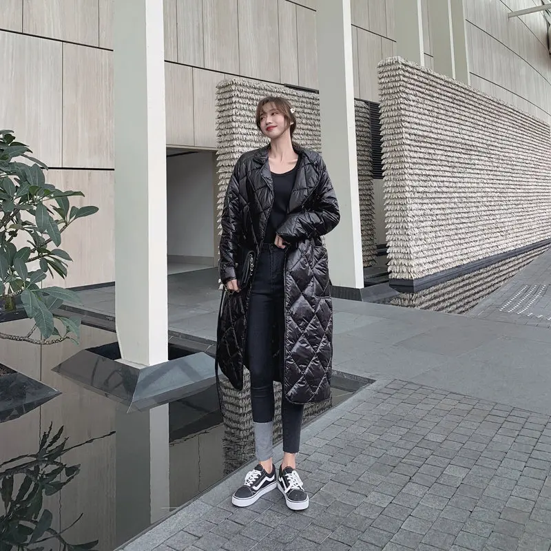 Инопланетянин котенок Зима Argyle свежие свободные утолщаются негабаритных шнуровке теплые студенческие женские куртки однотонная верхняя одежда повседневное универсальное пальто
