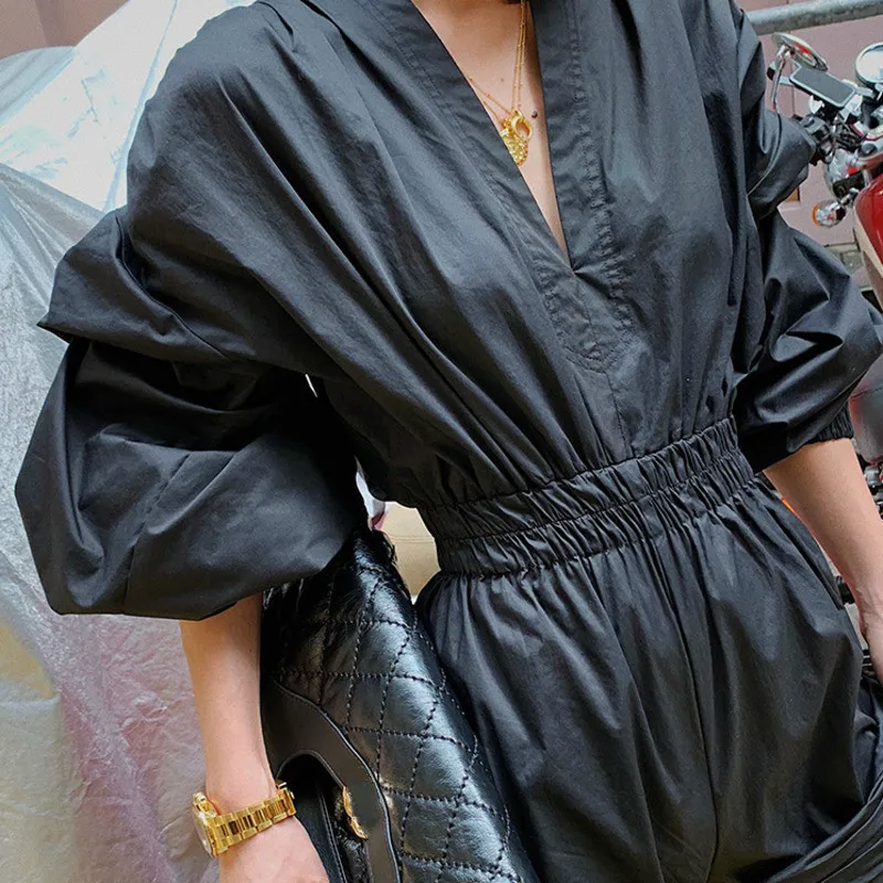 Женское облегающее платье футляр DEAT Осеннее черное с V образным вырезом длинным