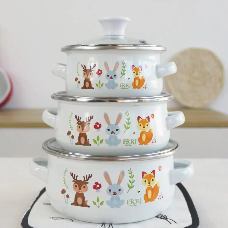 

Three-piece Enamel Pot 16cm1.5L Fresh-keeping Bowl Instant Noodle Bowl Milk Pot Baby Rice Bowl Complementary Food Bowl Can Be