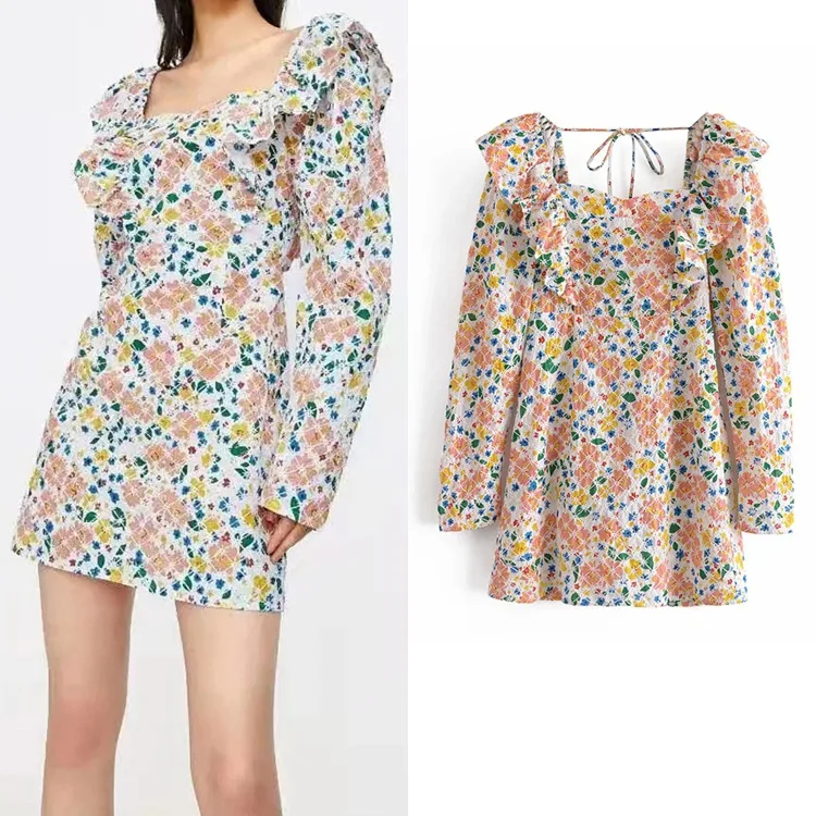 

Za 2021 women Retro pastoral style sweet print long-sleeved dress spring autumn women's back lace design A-line skirt