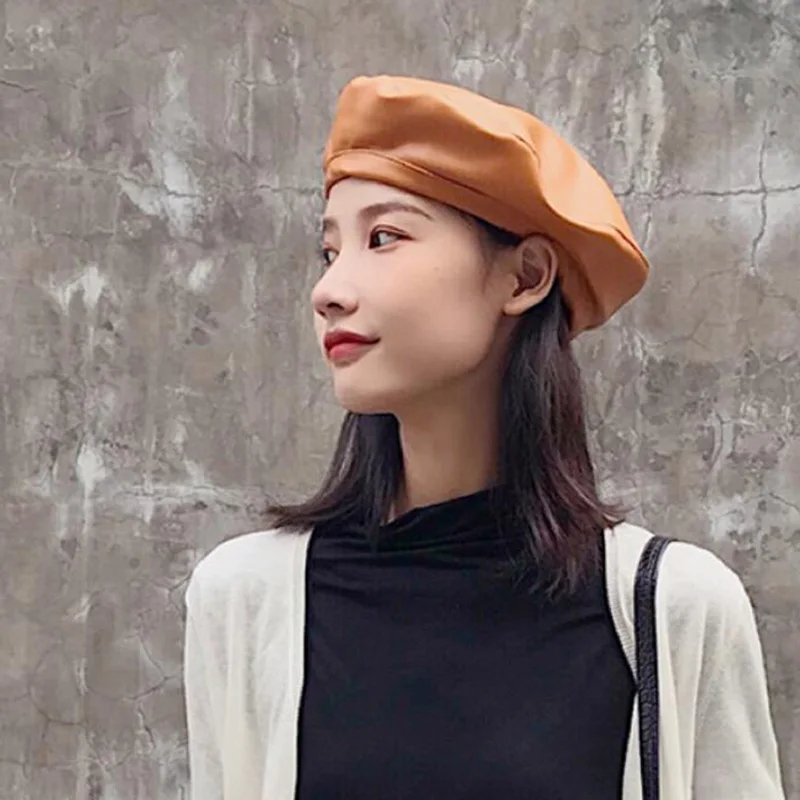 

Women Girl Beret French Artist Warm Wool Winter Beanie Hat Cap Vintage Plain Beret Hats Solid Color Elegant Lady leather Caps