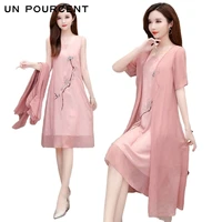 large size embroidered two piece set new elegant hanfu mid length covering belly thin chiffon dress for women mommy dress