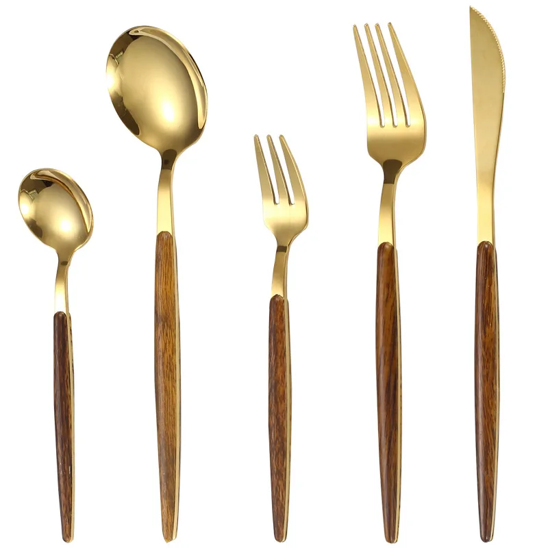 

4PCs/Set Stainless Steel Dinnerware Set With Box Knife Fork Spoon Fruit Fork Flatware Cutlery Wood Handle Tableware Set Gifts