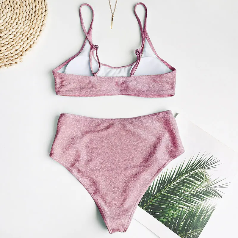 

Famaker Shiny bikini set 2020 swimsuit female Sexy bandeau biquinis Pink swimwear women bathers bathing suit swim suit