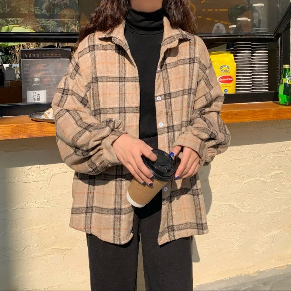 

Korean Fashion Cotton Plaid Long Sleeve Shirt Plus Size Retro Casual Elegant Blouses for Women's Tops Fall Winter 2021 Za Store