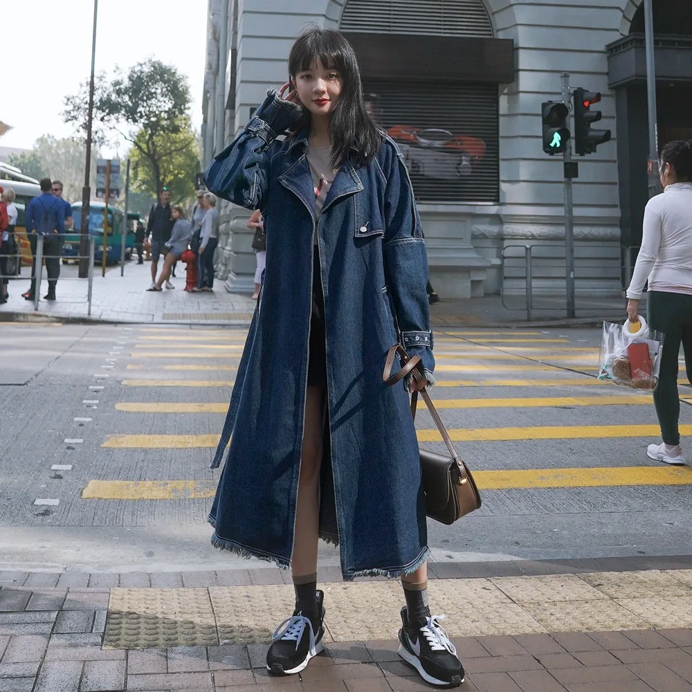 

Denim Trench Coat For Women Autumn Loose Long Coat Women Double-Breasted Loose Jeans Trench Coat Windbreaker Manteau Femme