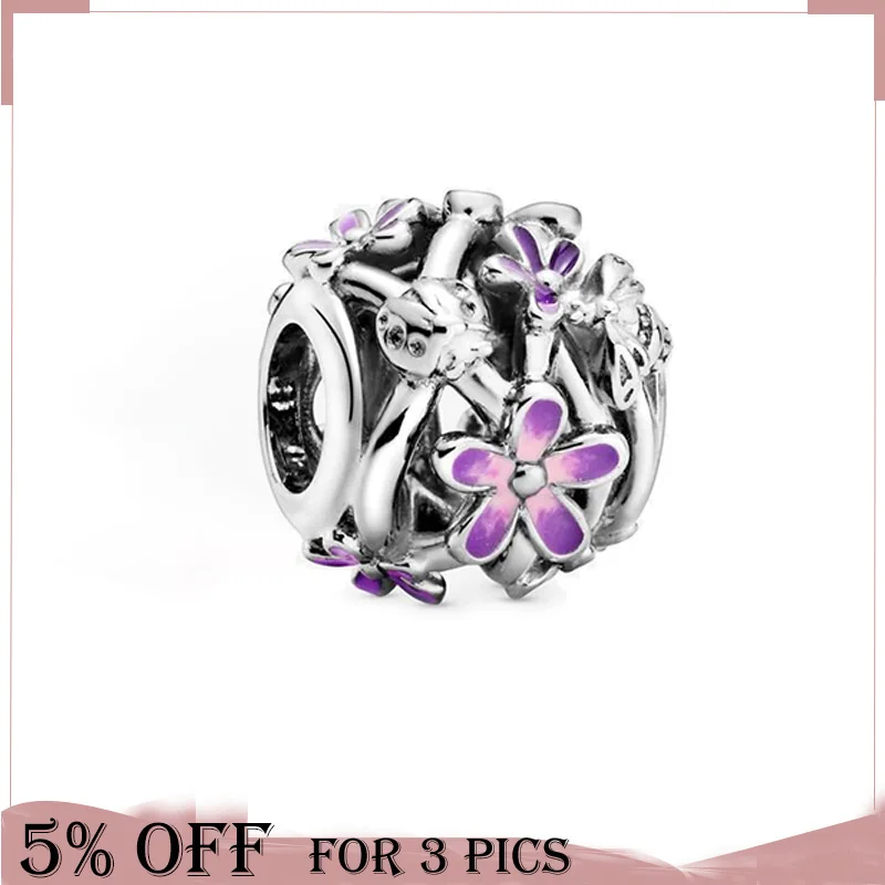 

2021 Mother's Day 925 Sterling Silver Beads Purple Daisy Openwork Charm Fit Original Pandora Bracelet Women Jewelry Gift