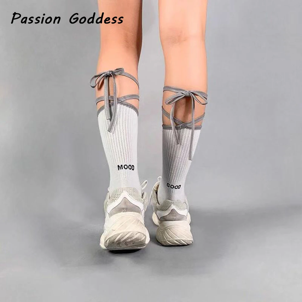 

Fashion Women Reflective Strap Bandage Socks Harajuku Cotton Cycling Socks Fitness Kawaii Long Gray Thigh High Socks