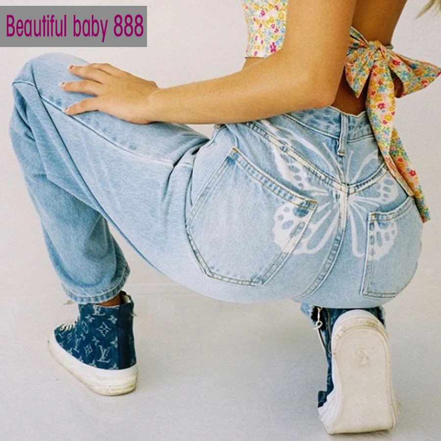

Meqeiss Harajuku Sweet Butterfly Print Graphic Design Denim Pants Women's Leisure Streetwear Jeans Basic Loose Trousers Mujer