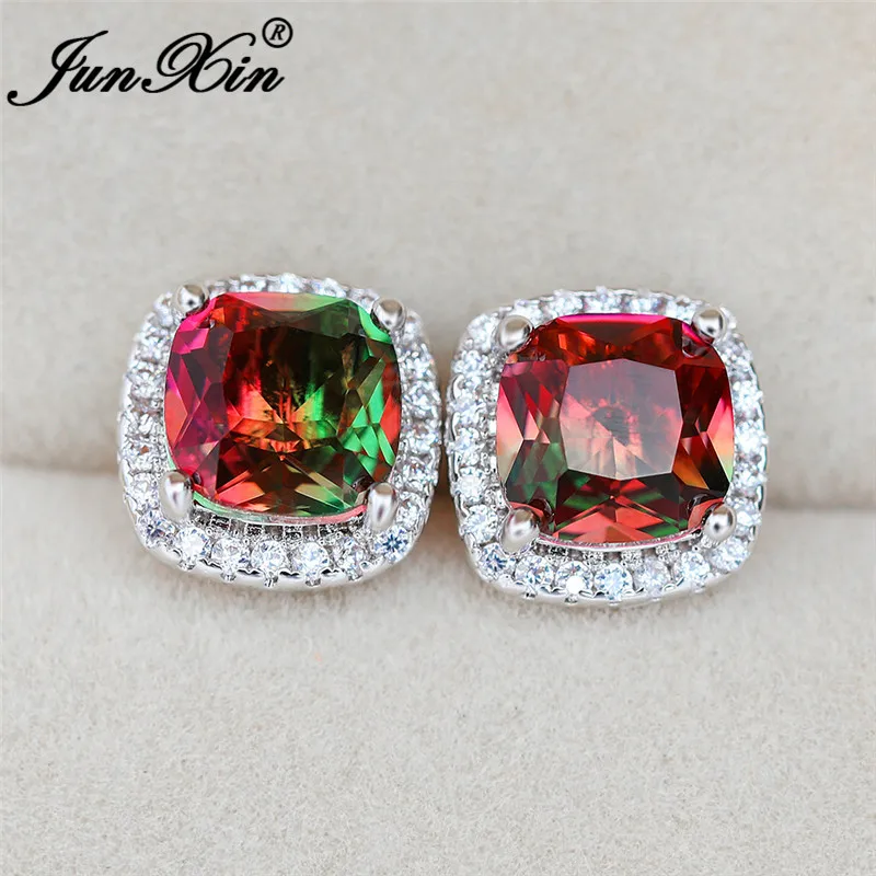 Женские квадратные серьги Мистик Радуга огненный кристалл принцесса белые